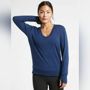 Athleta Sunrise V-Neck Sweater Navy Blue XL Loungewear Yoga Thumbholes